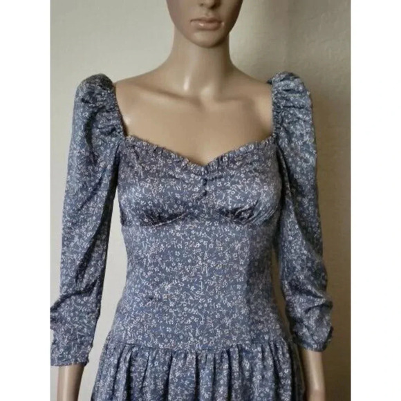 Aster The Label Blue Floral Dress Puff Sleeve Sweetheart Neck MIDI size XS - Picture 5 of 11